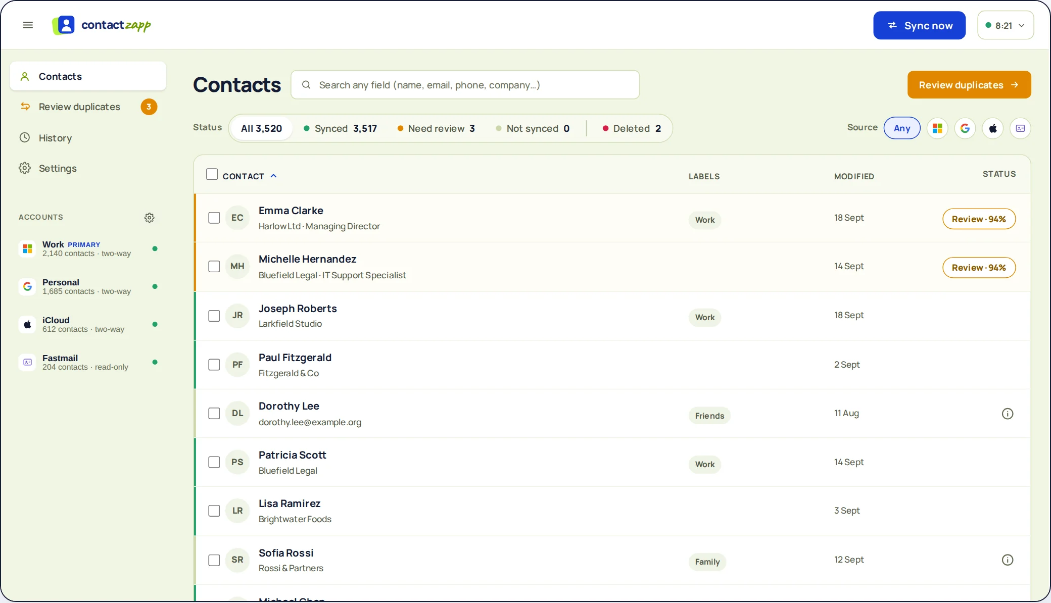 The contact list, showing contacts from every account with duplicates merged.
