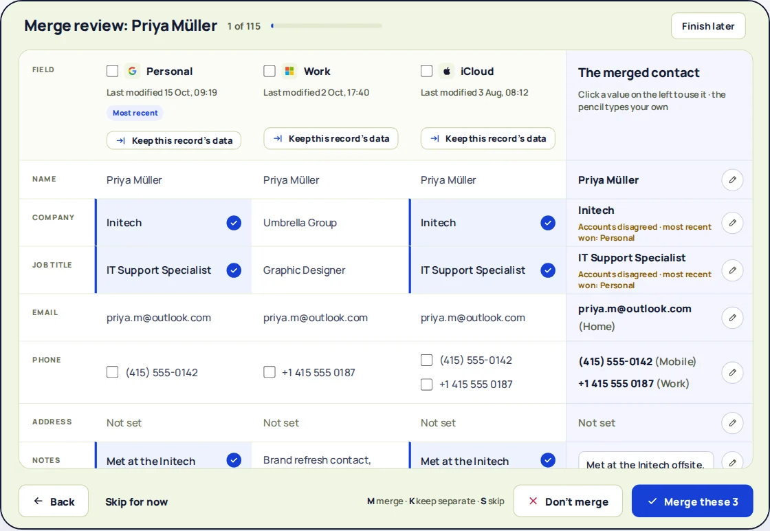 The merge review screen, showing three copies of a contact side by side with the merged contact on the right.