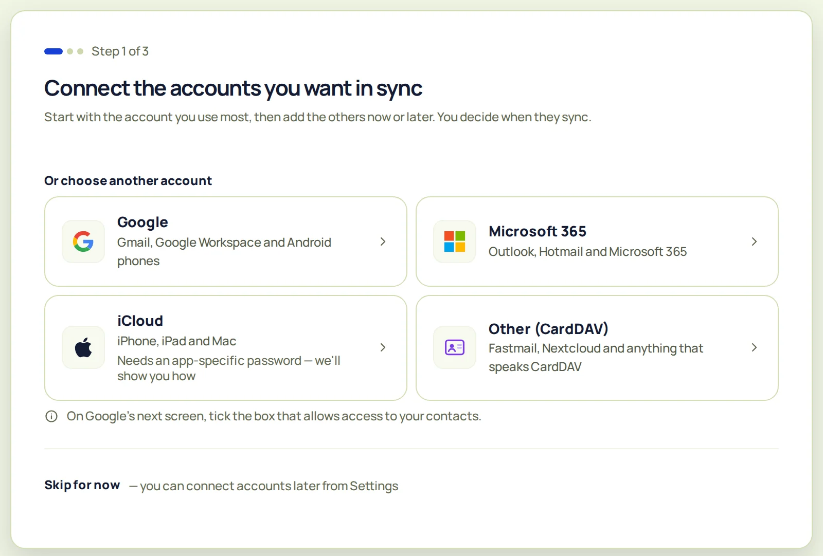 Connect your accounts screen