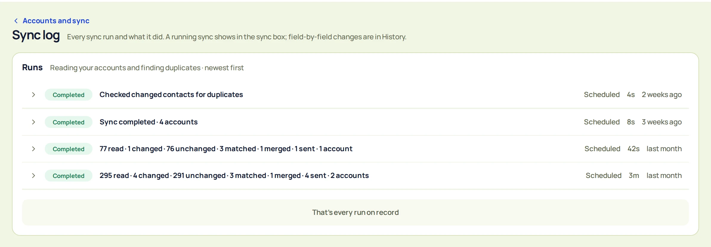 Sync log listing completed runs