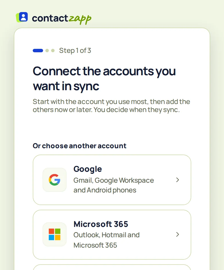 Connect your accounts screen on a phone